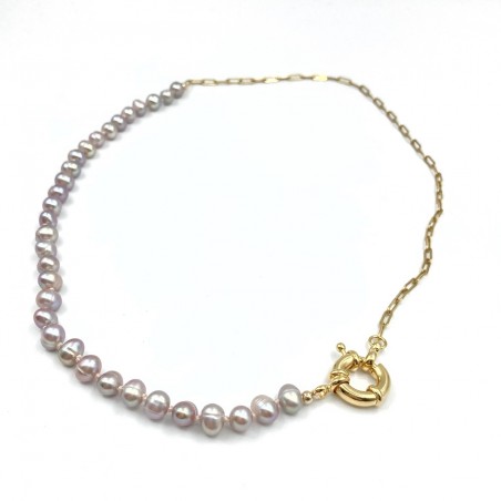 Collier asymétrique en perles de culture rose / mauve