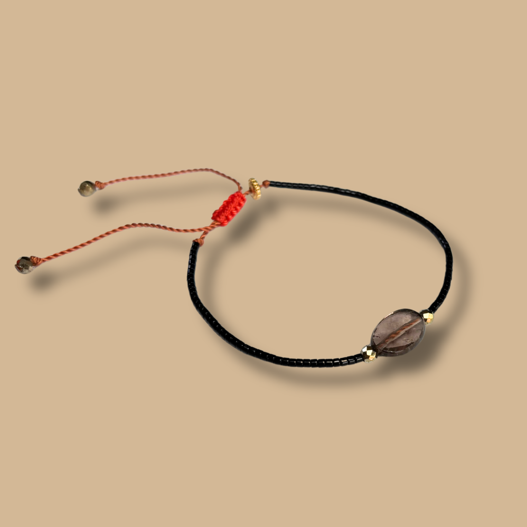 Bracelet perles noires et quartz fumé HIPPY