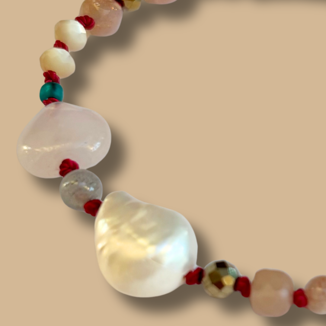 Bracelet perles et coeur en quartz rose- Signature