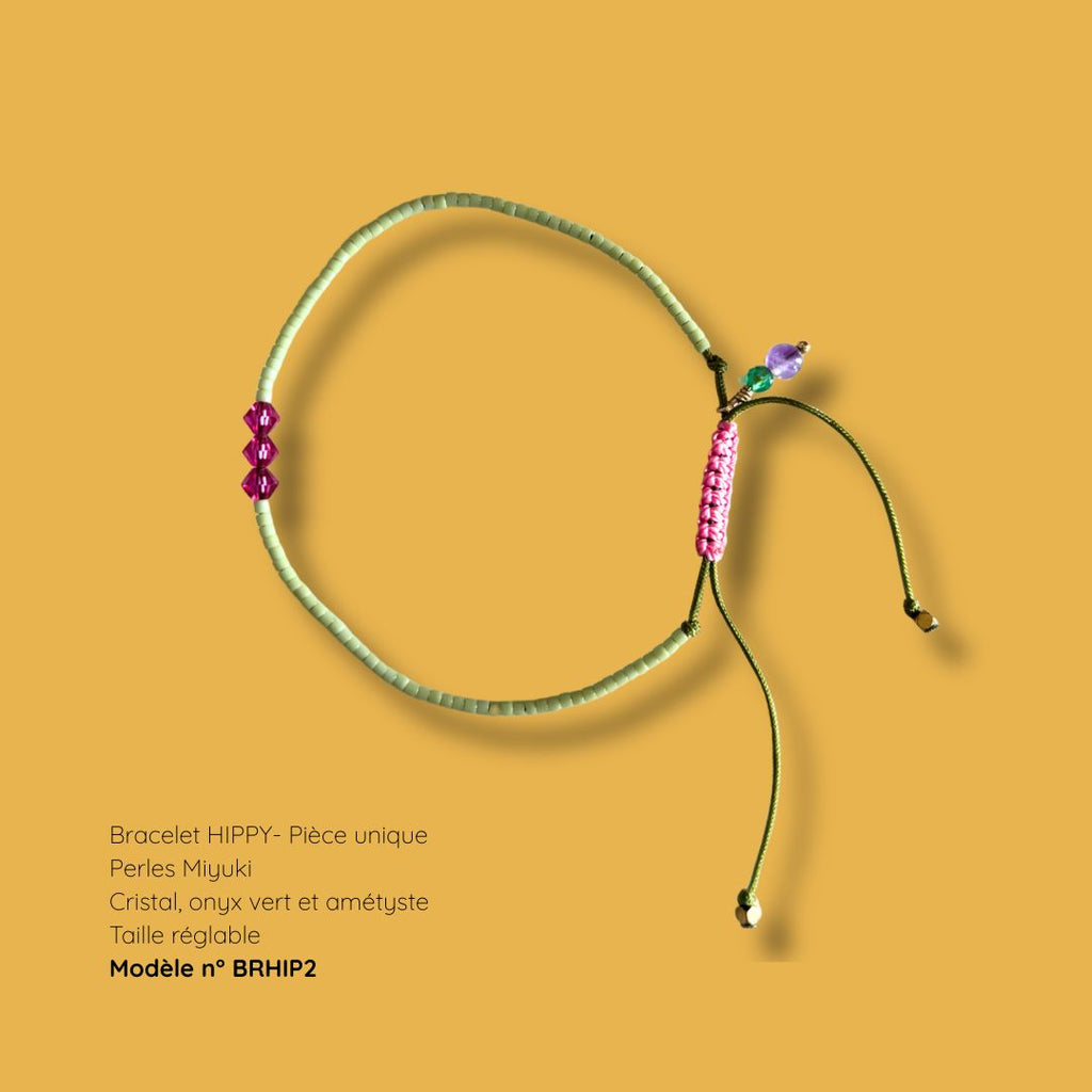 Bracelet HIPPY pièce unique BRHIP2 - perles Miyuki vertes, cristal, onyx vert et améthyste, MarlaH Bijoux