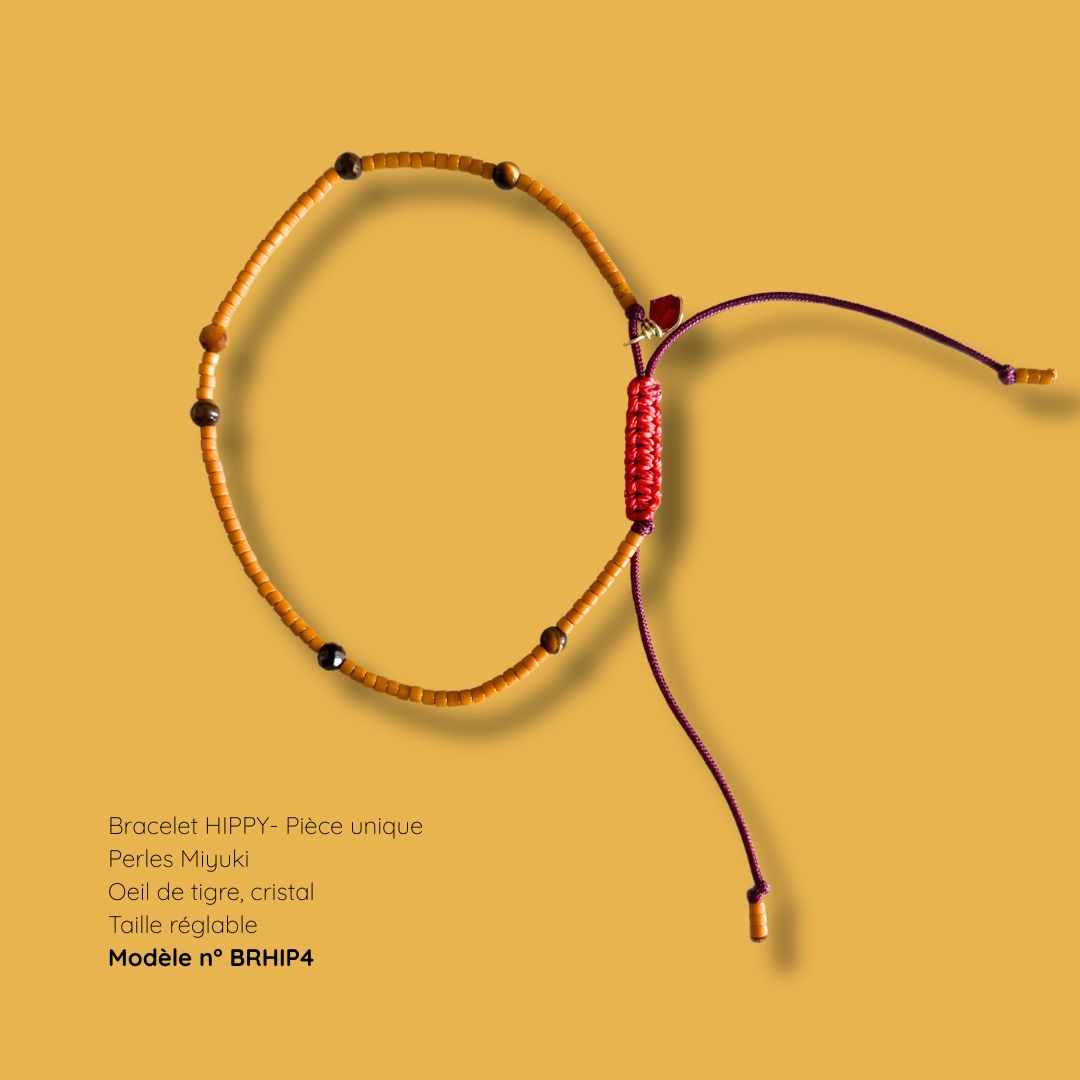 Bracelet HIPPY pièce unique BRHIP4 - perles Miyuki beiges, oeil de tigre et cristal, MarlaH Bijoux
