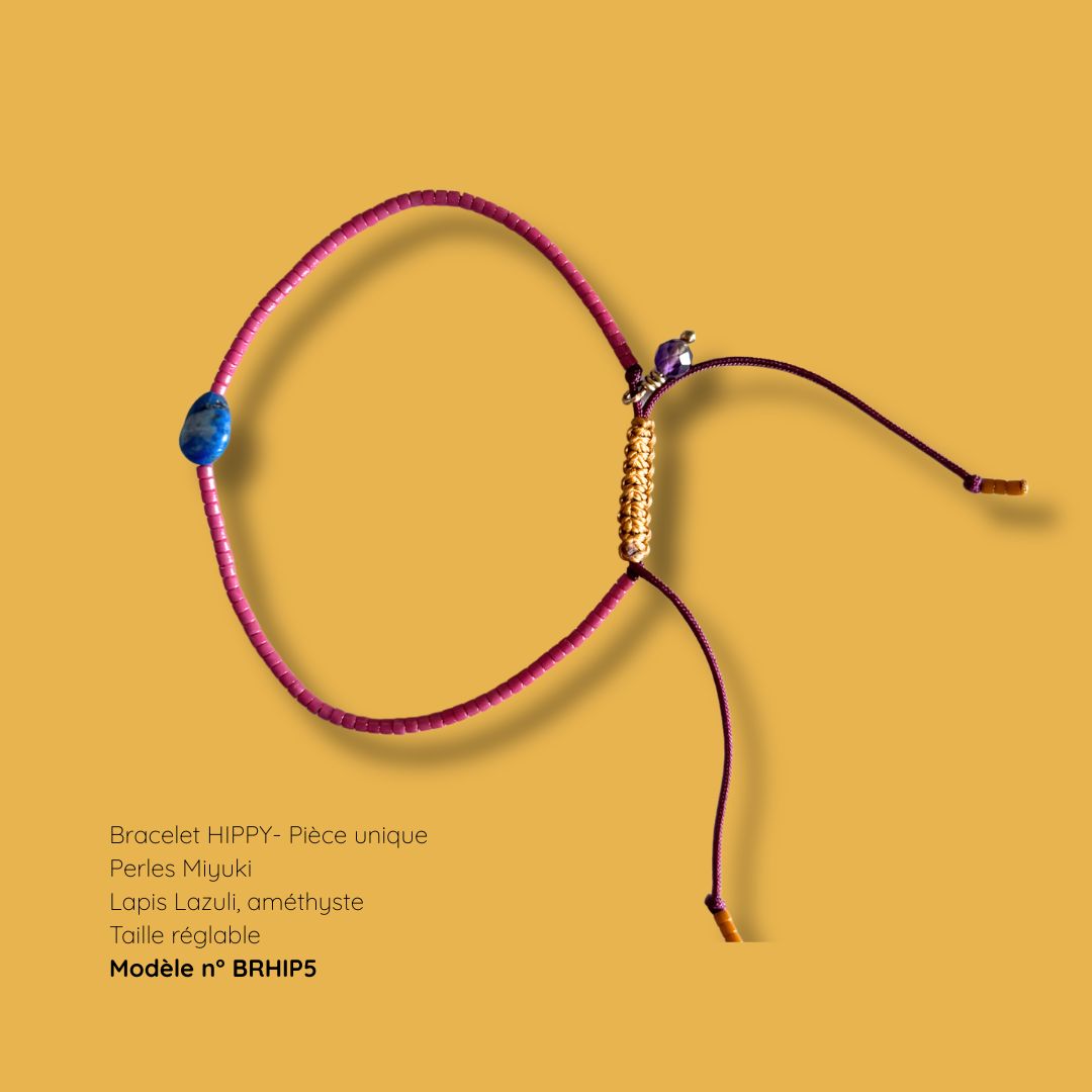 Bracelet HIPPY pièce unique BRHIP5 - perles Miyuki fuchsia, lapis-lazuli et améthyste, MarlaH Bijoux