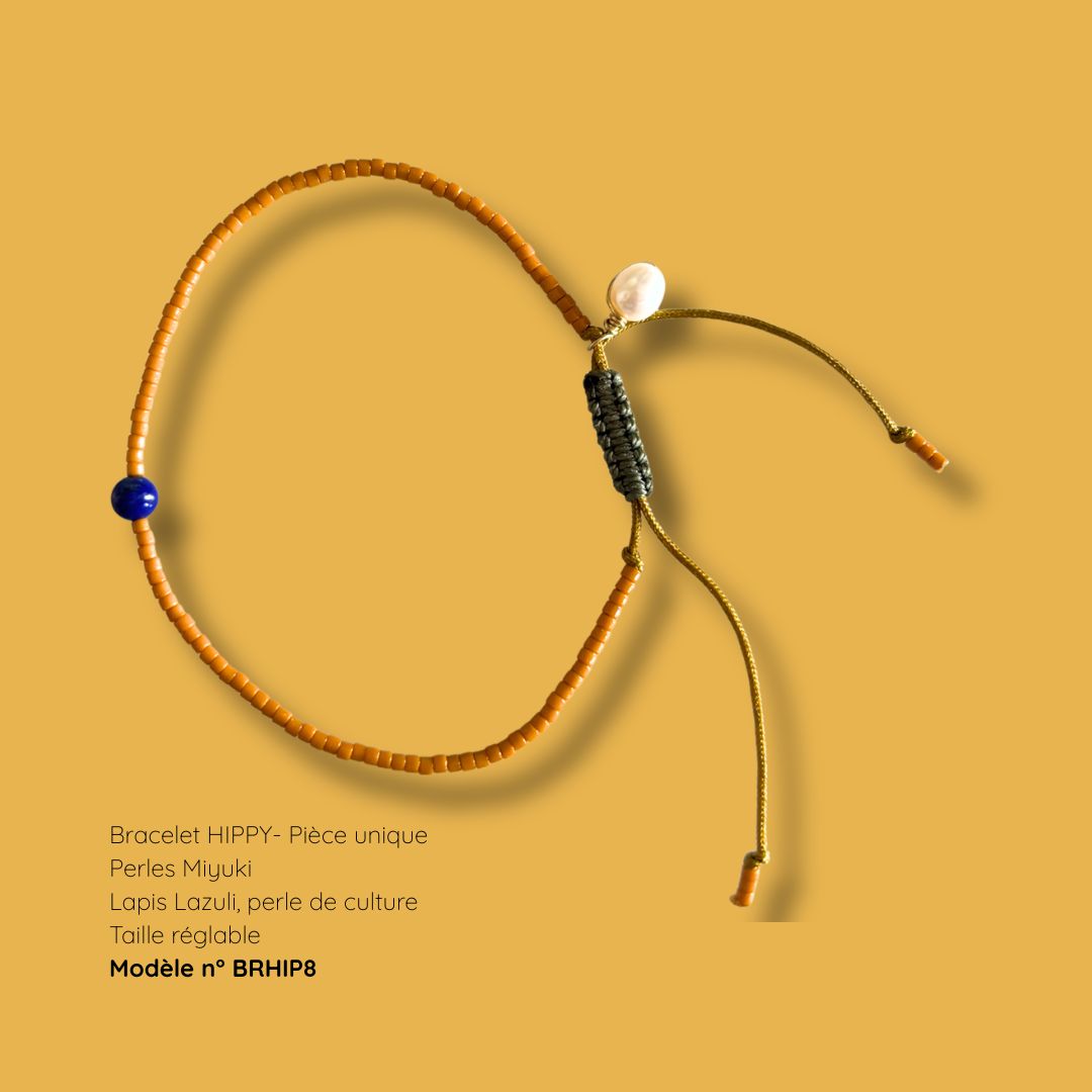 Bracelet HIPPY pièce unique BRHIP8 - perles Miyuki orange, lapis-lazuli et perle de culture, MarlaH Bijoux