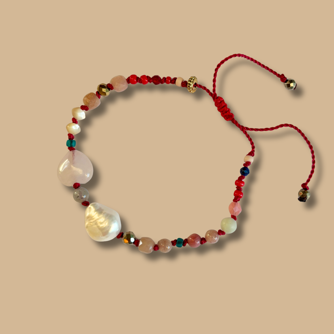 Bracelet perles et coeur en quartz rose- Signature
