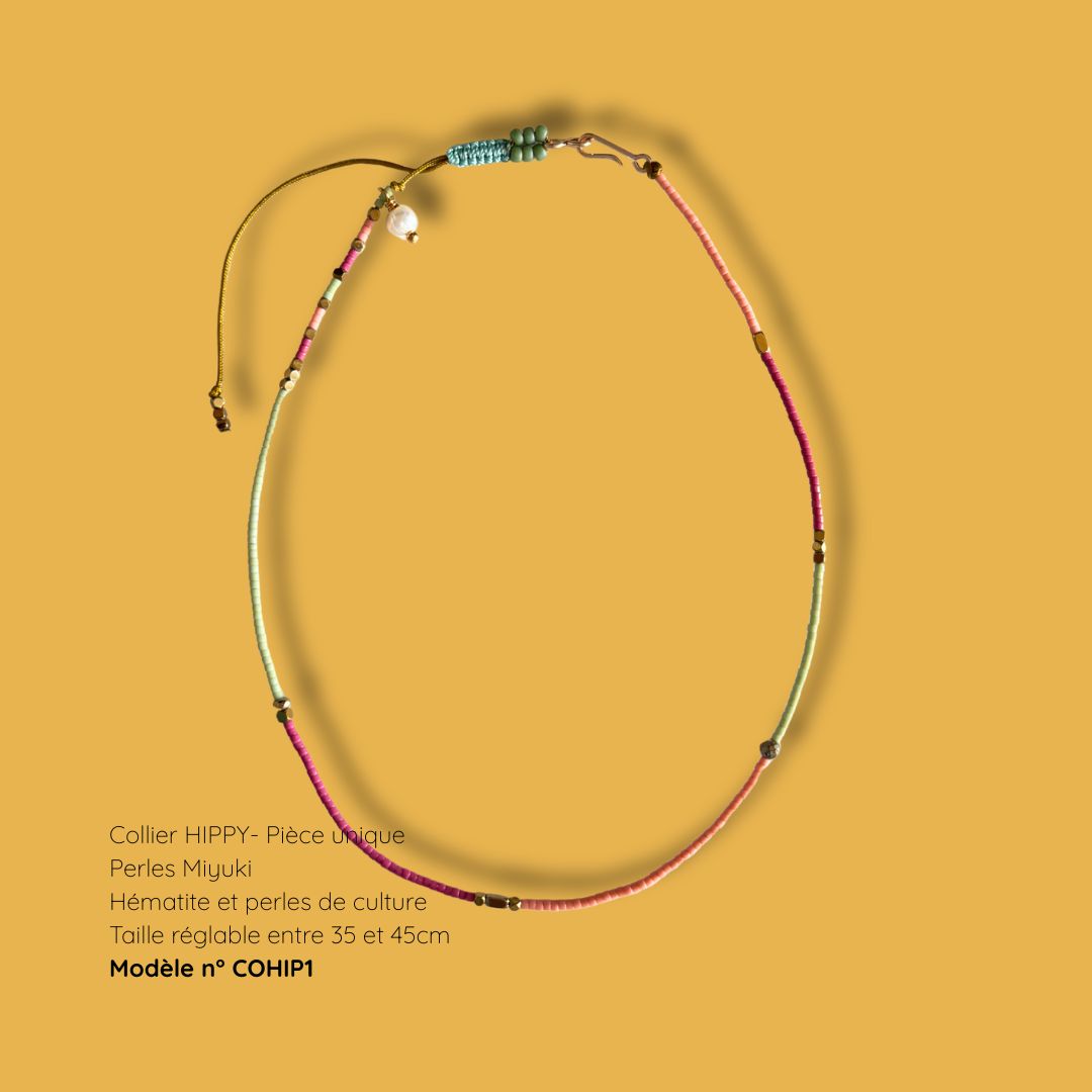 Collier surfeur HIPPY COHIP1 - perles Miyuki, hématite et perles de culture, MarlaH Bijoux, pièce unique