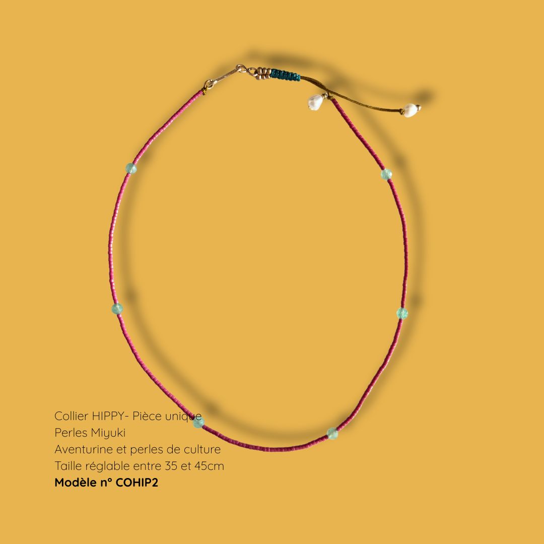 Collier surfeur HIPPY COHIP2 - perles Miyuki, aventurine et perles de culture, MarlaH Bijoux, pièce unique