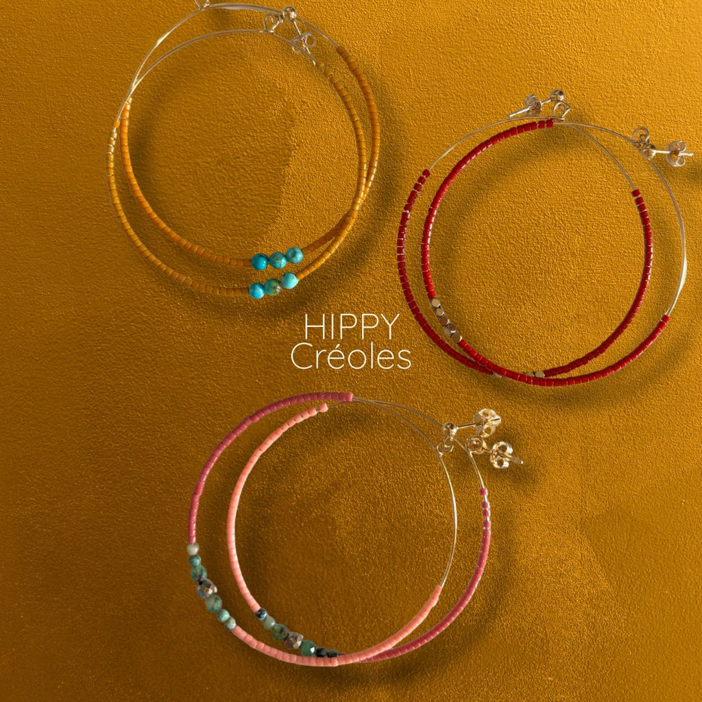 Créoles surfeur HIPPY MarlaH Bijoux en perles Miyuki et pierres naturelles, gold filled, pièce unique faite main en Belgique