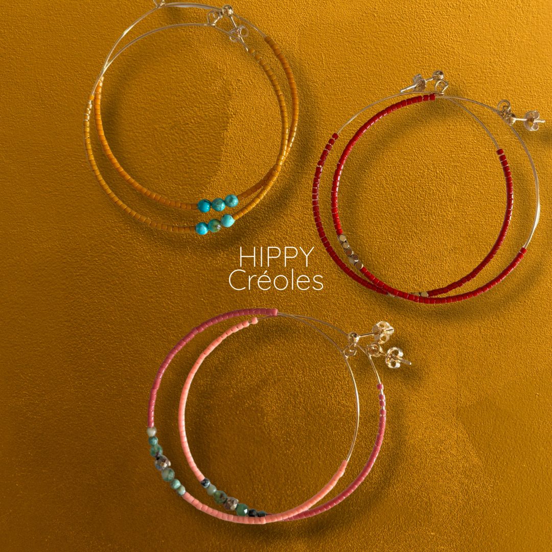 Créoles surfeur HIPPY MarlaH Bijoux en perles Miyuki et pierres naturelles, gold filled, pièce unique faite main en Belgique