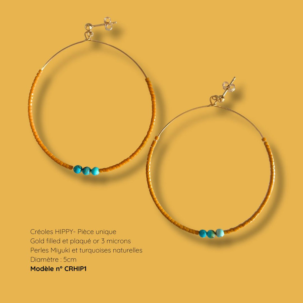 Créoles surfeur HIPPY CRHIP1 - perles Miyuki et turquoises naturelles, gold filled, MarlaH Bijoux, pièce unique