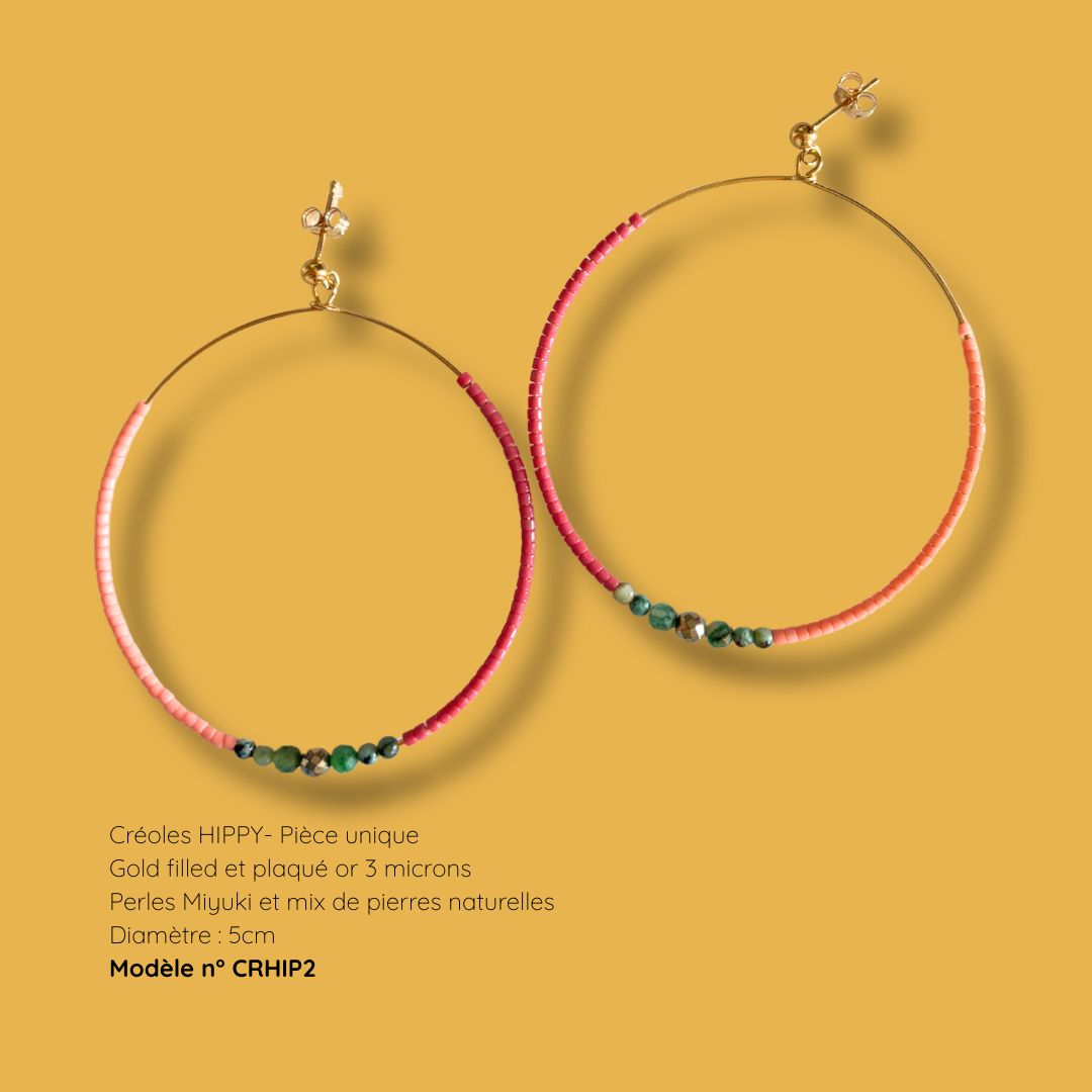 Créoles surfeur HIPPY CRHIP2 - perles Miyuki et mix de pierres naturelles, gold filled, MarlaH Bijoux, pièce unique