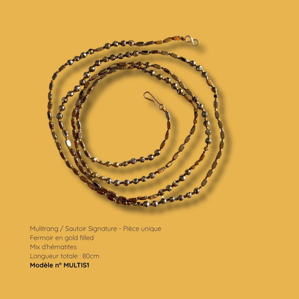 Infographie Multirang Signature - collier multirang en hématite naturelle, fermoir gold filled, longueur 80cm - MarlaH Bijoux