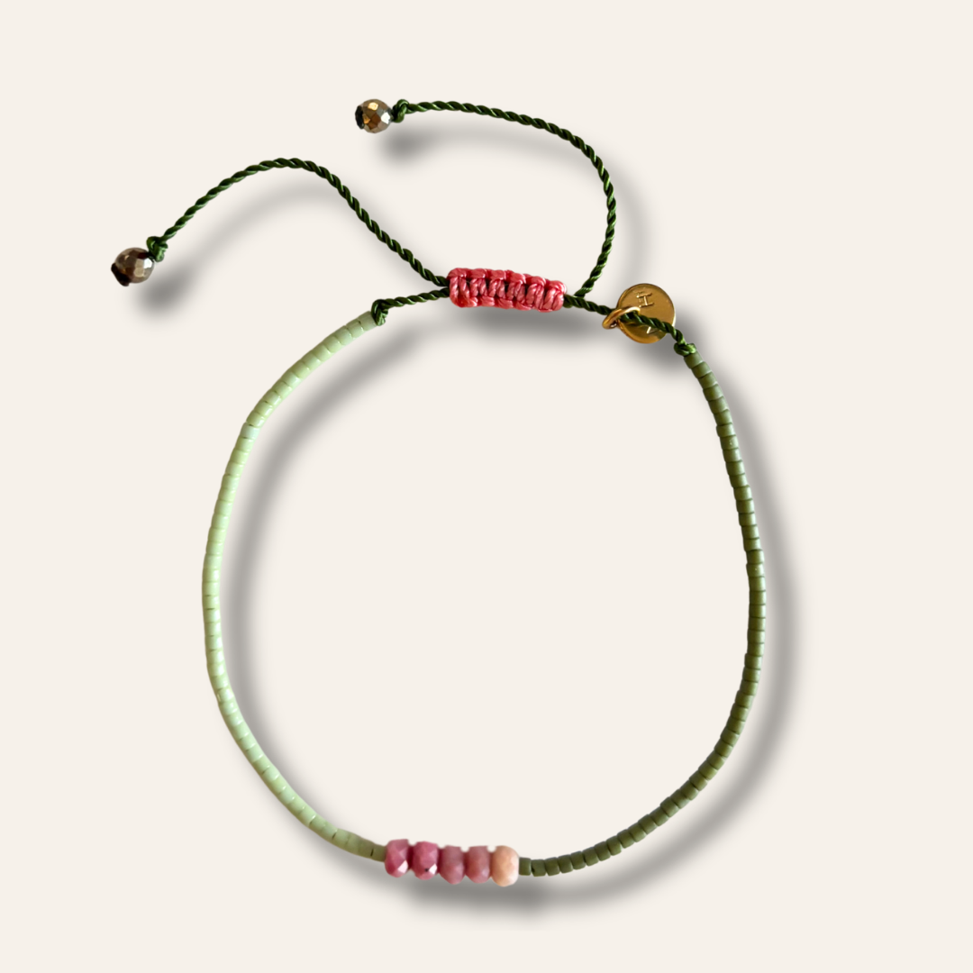 Bracelet Hippy kaki et rhodonite