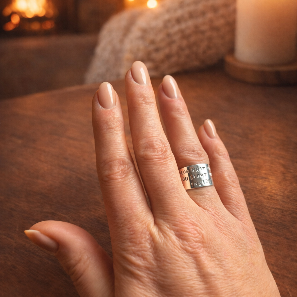 Bague à message en argent sterling 925 polie, portée à la main, bijou artisanal fait main en Belgique