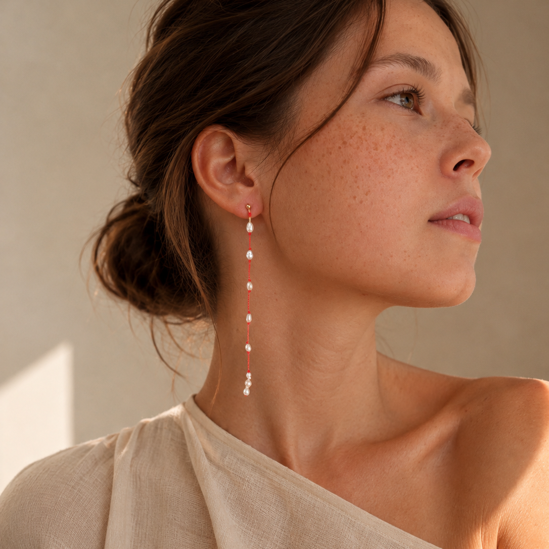 Longues buocles d'oreilles en perles portés avec élégance