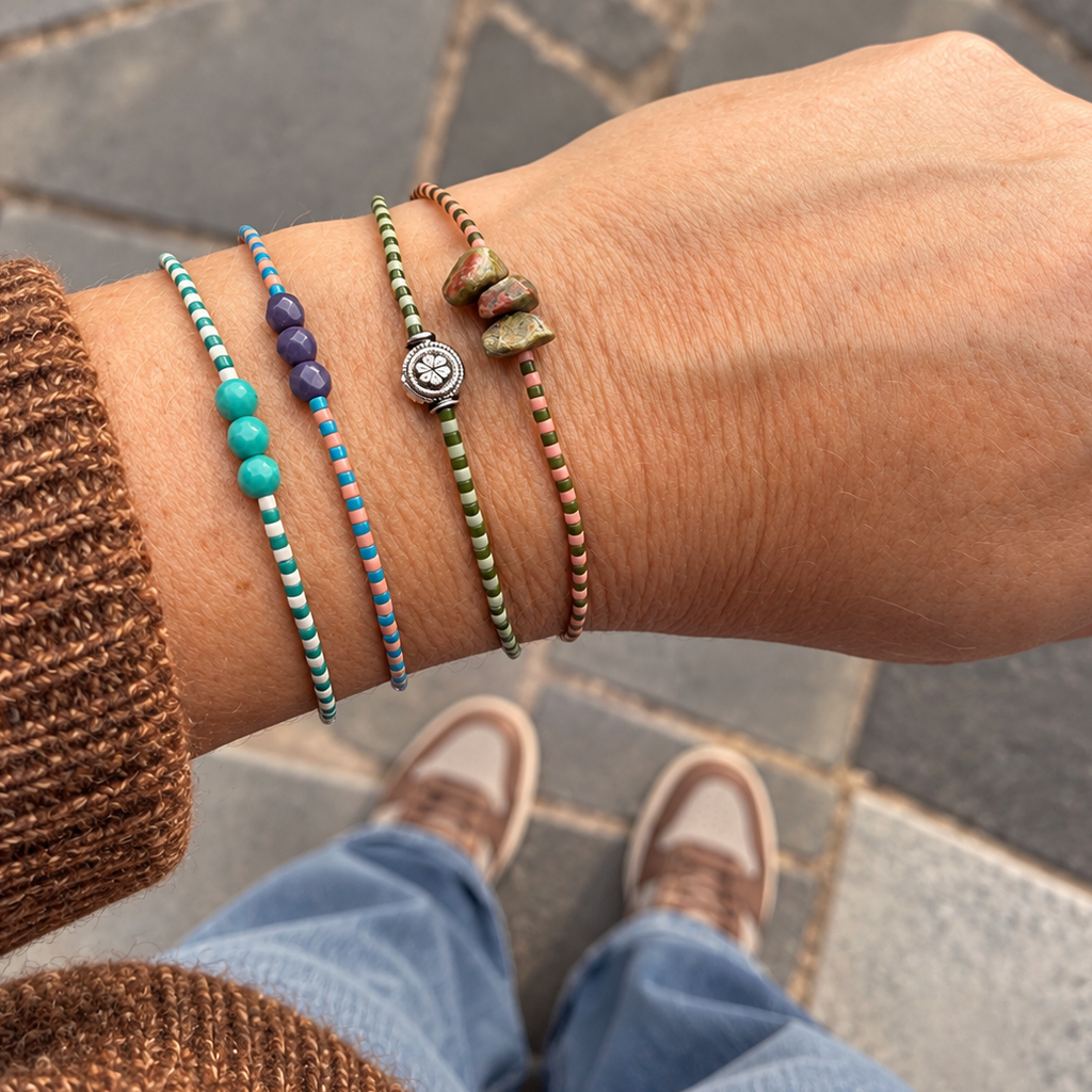 Bracelet hippy porté ensemble créatrice belge marlah bijoux