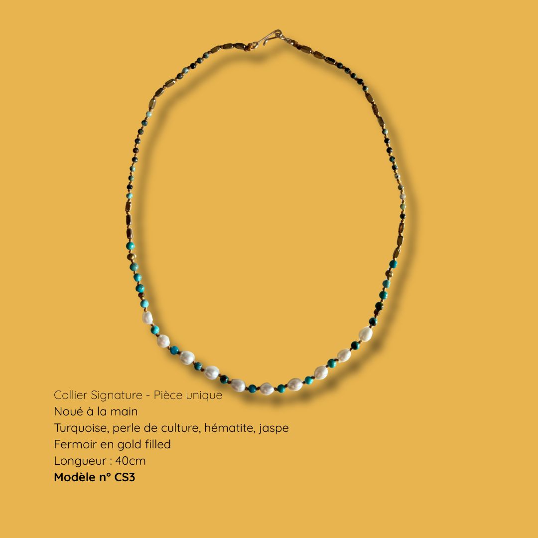 Collier Signature MarlaH Bijoux modèle CS3 avec turquoise naturelle et perle de culture
