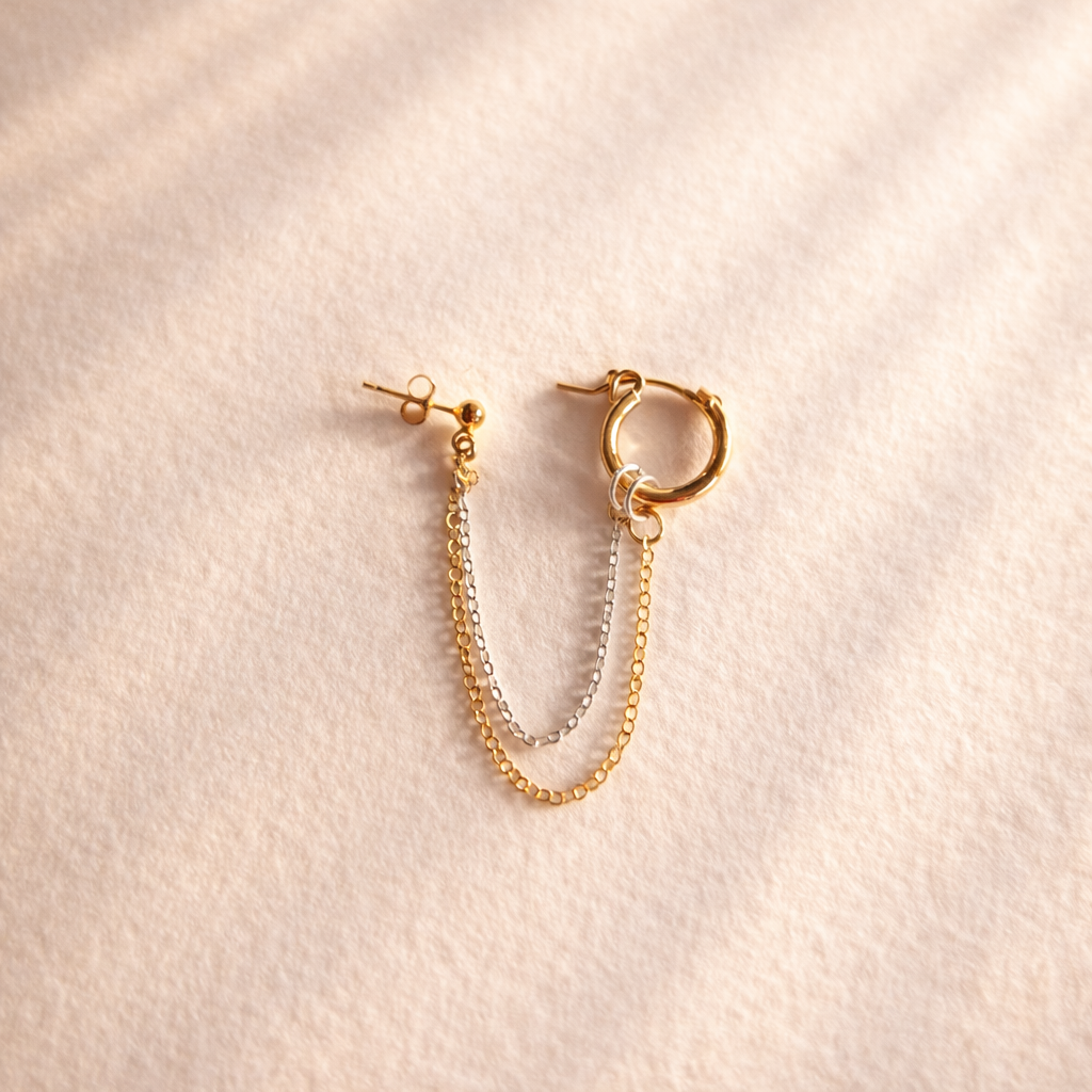 Double boucle  d'oreille chaîne bicolore — Gold Filled & Argent