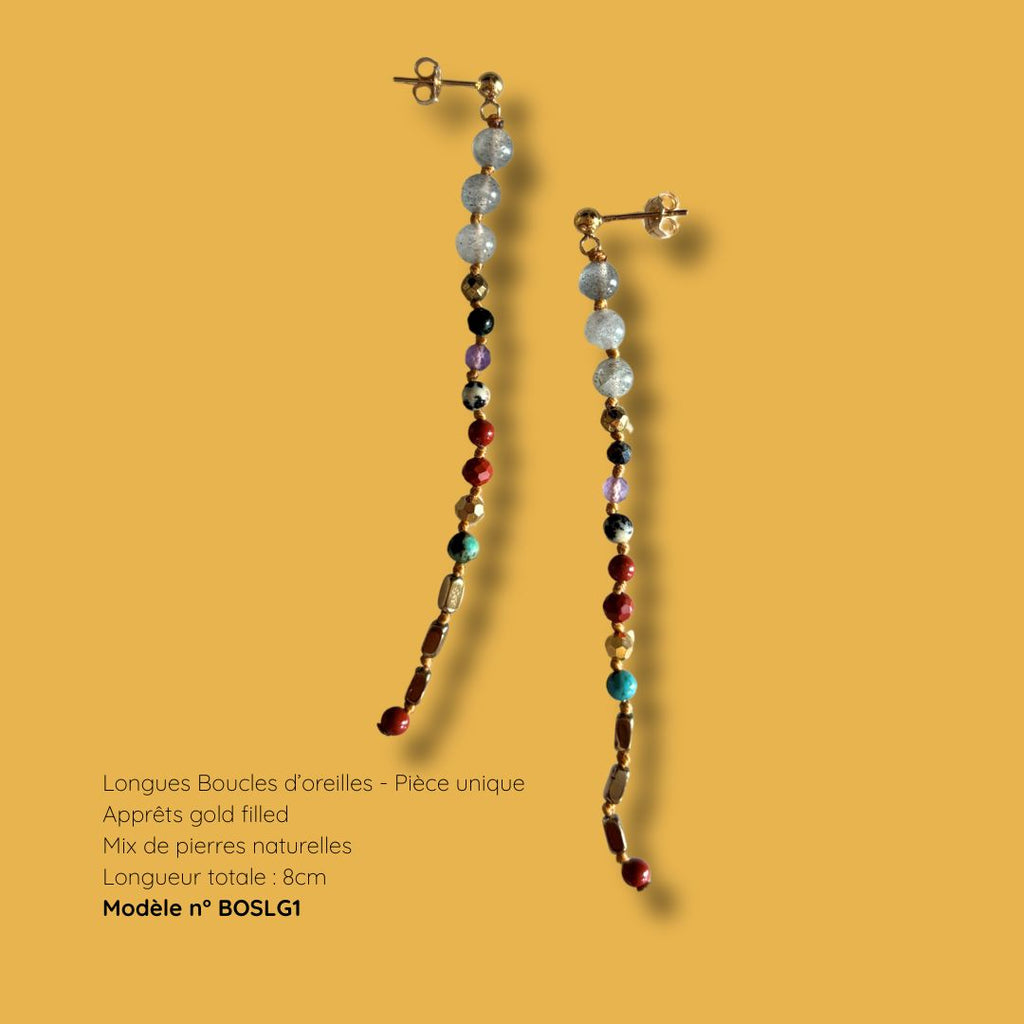 Vue en détail d'une paire de boucles d'oreilles pendantes
