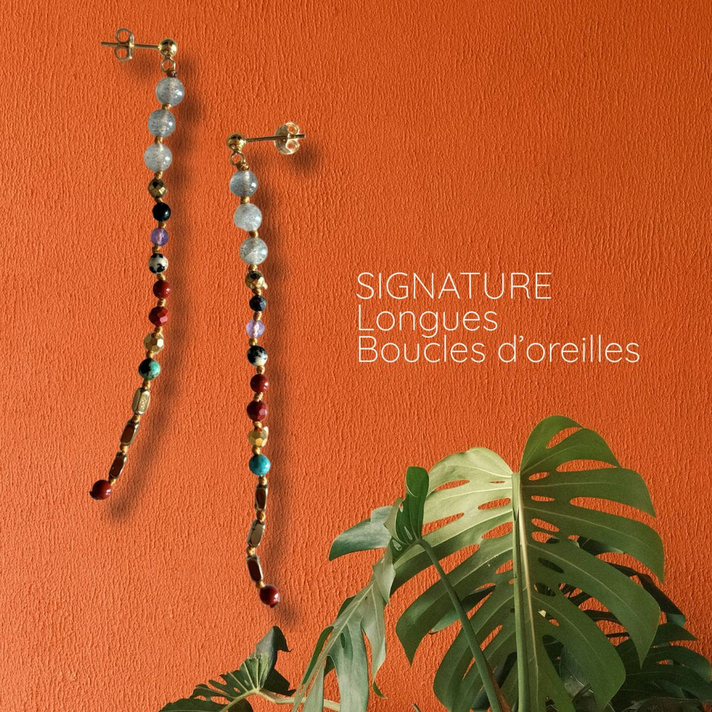 Longues boucles d'oreilles ornées de pierres naturelles