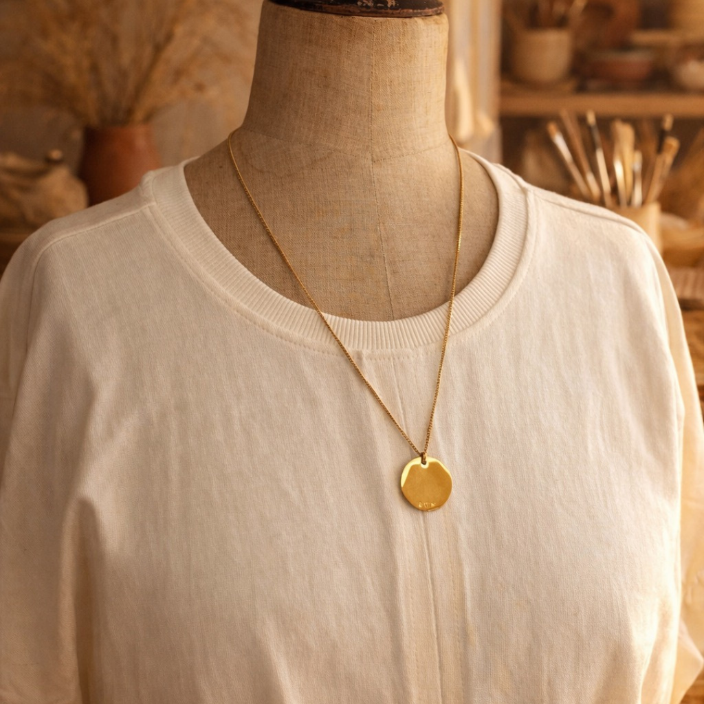 Médaillon Soleil Gravé – Bijou Artisanal Inspirant Fait Main en Belgique porté sur mannequin dans l'atelier