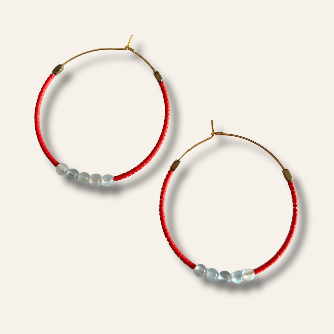 Grandes boucles d'oreilles créoles HIPPY rouge et aigue marine