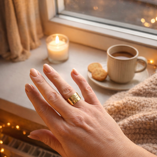 Bague à message Hello Sunshine en laiton martelé, faite main en Belgique, portée à la main dans une ambiance cocoon et lumineuse.