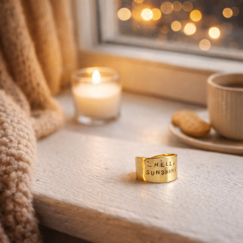 Bague artisanale à message Hello Sunshine en laiton brut martelé, réalisée à la main en Belgique.