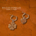 Boucles d'oreilles Lucky Love, créoles asymétriques cœur love et trèfle luck gravés à la main, plaqué or 3 microns, MarlaH Bijoux