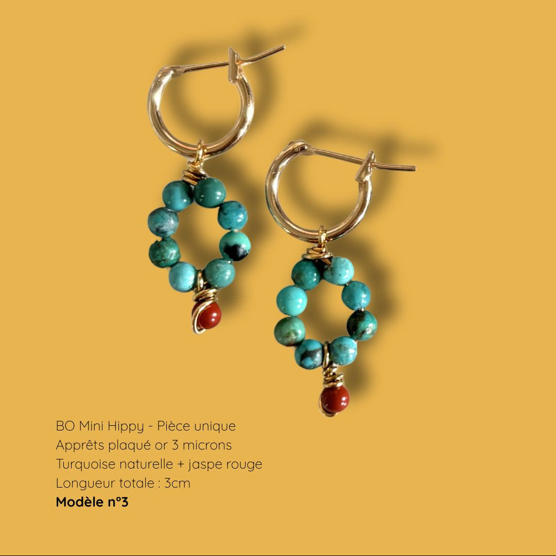 Boucles d'oreilles Mini Hippy en turquoise naturelle et jaspe rouge, modele n3