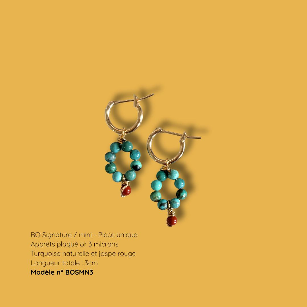 Boucle d'oreille créole Signature Mini BOSMN3 en plaqué or, turquoise naturelle et jaspe rouge