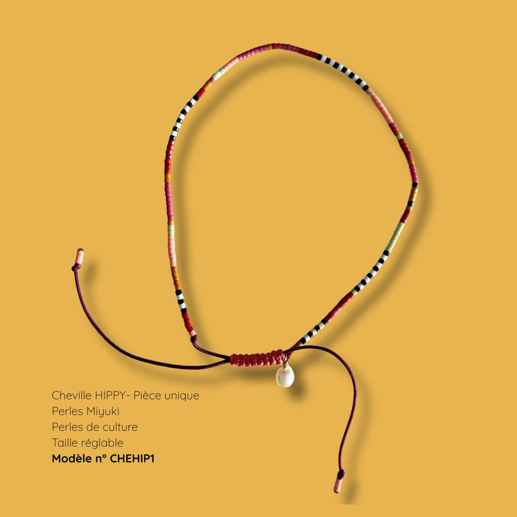 Bracelet de cheville HIPPY modèle CHEHIP1 - perles Miyuki et perle de culture, taille réglable - MarlaH Bijoux