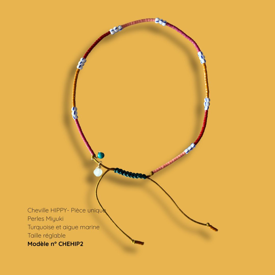 Bracelet de cheville HIPPY modèle CHEHIP2 - perles Miyuki, turquoise et aigue-marine, taille réglable - MarlaH Bijoux
