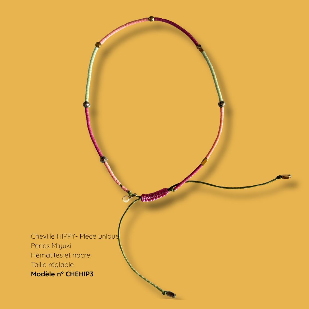 Bracelet de cheville HIPPY modèle CHEHIP3 - perles Miyuki, hématites et nacre, taille réglable - MarlaH Bijoux