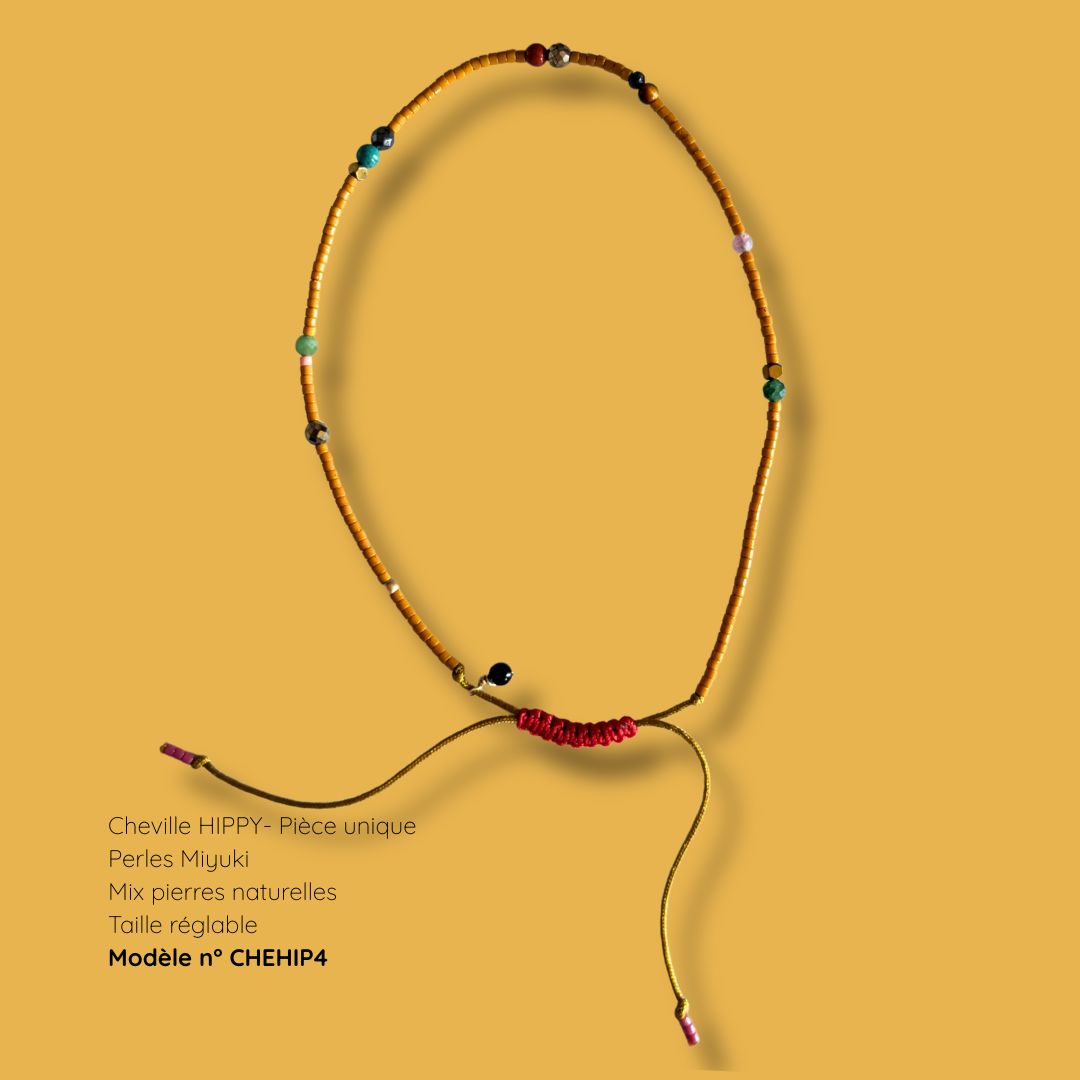 Bracelet de cheville HIPPY modèle CHEHIP4 - perles Miyuki, mix de pierres naturelles, taille réglable - MarlaH Bijoux