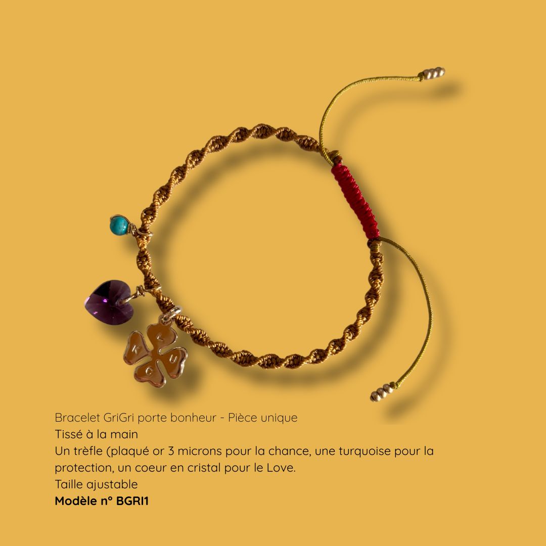 Bracelet porte-bonheur GriGri BGRI1, trèfle plaqué or, turquoise et cœur en cristal