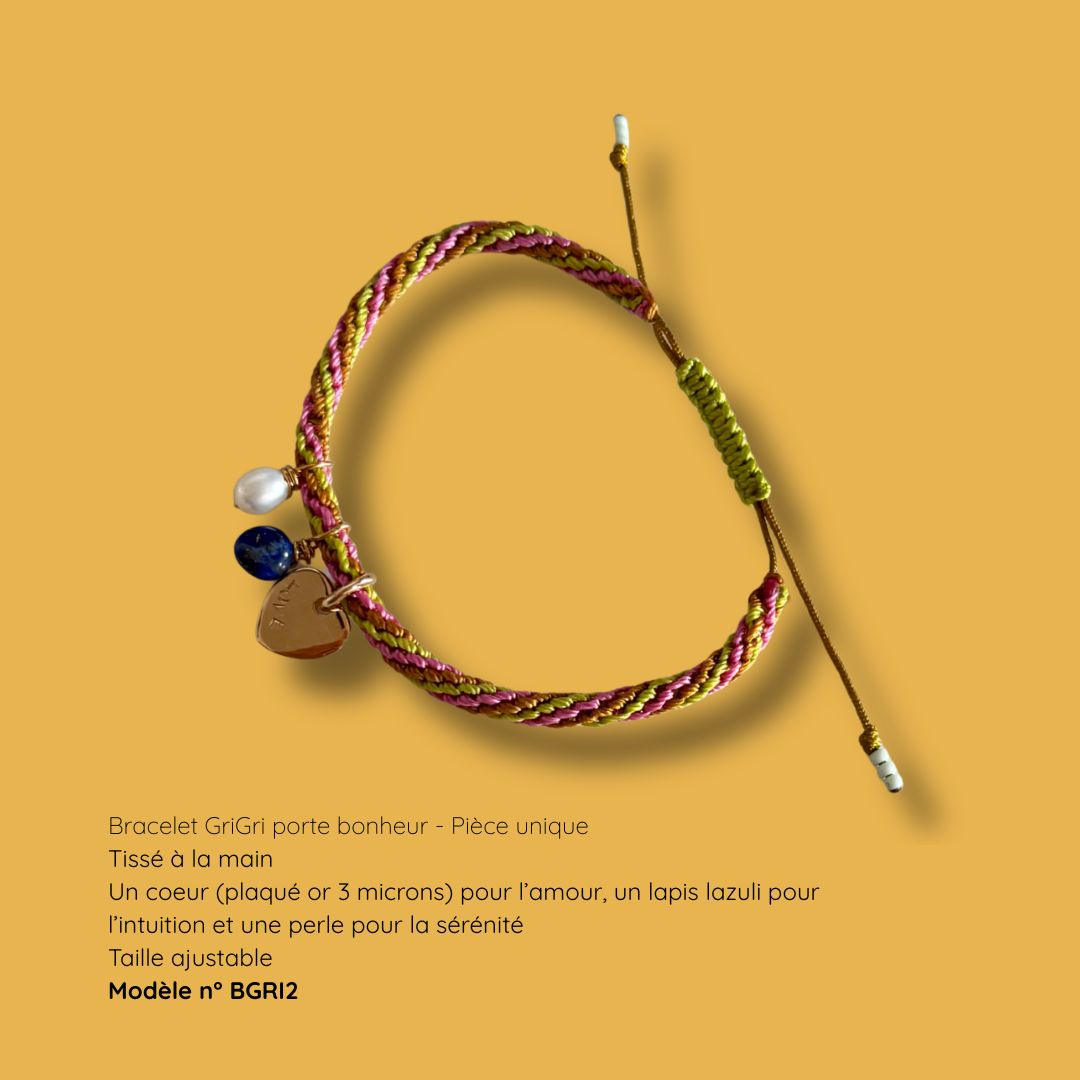 Bracelet porte-bonheur GriGri BGRI2, cœur plaqué or, lapis-lazuli et perle