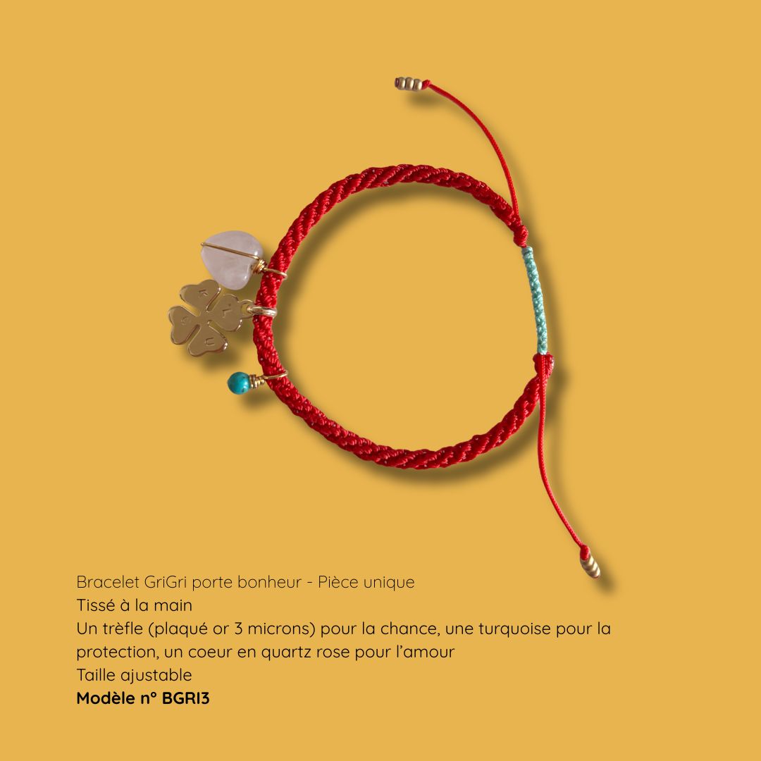 Bracelet porte-bonheur GriGri BGRI3, trèfle plaqué or, turquoise et cœur en quartz rose