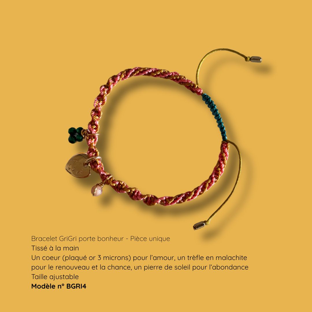 Bracelet porte-bonheur GriGri BGRI4, cœur plaqué or, trèfle en malachite et pierre de soleil