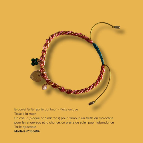 Bracelet porte-bonheur GriGri BGRI4, cœur plaqué or, trèfle en malachite et pierre de soleil