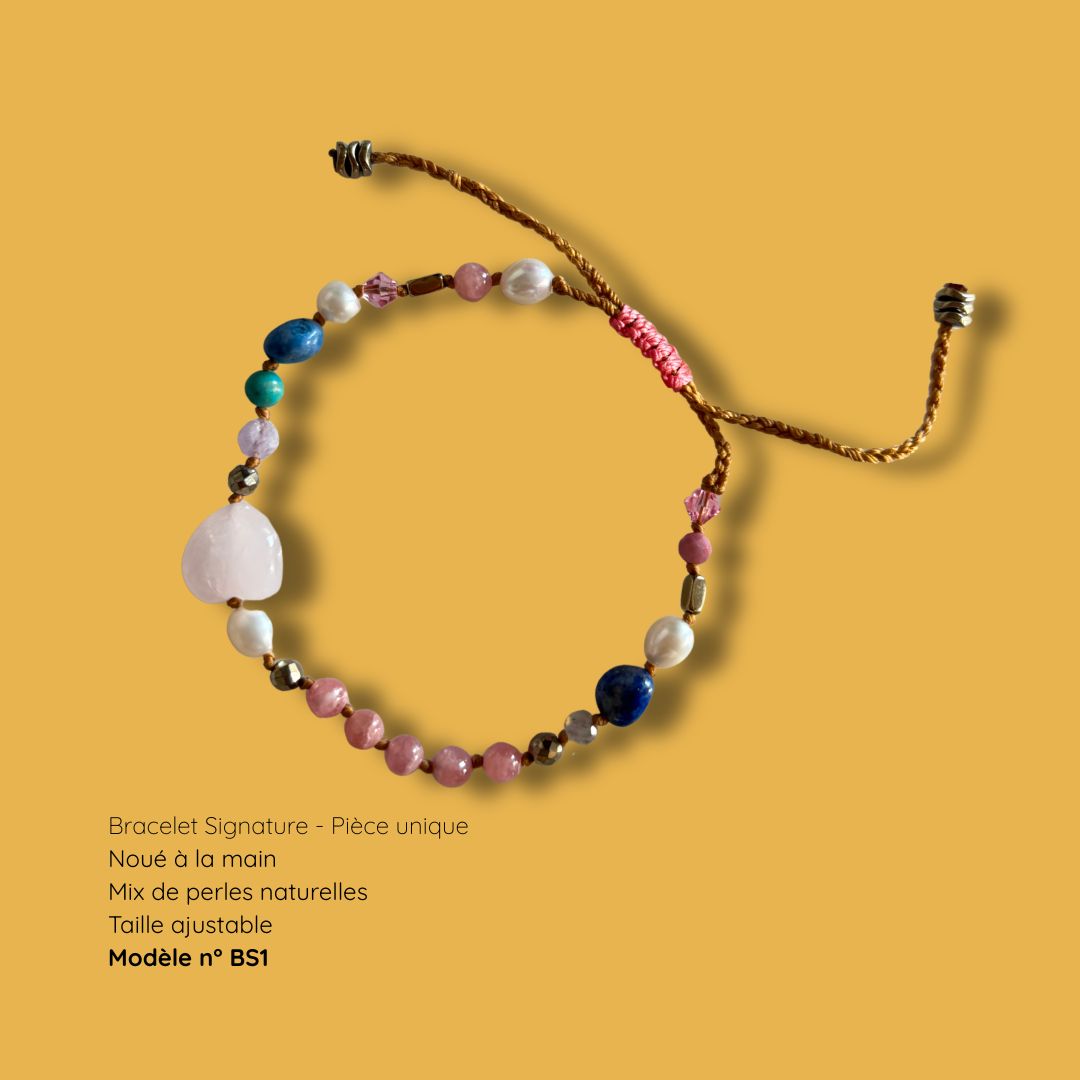 Bracelet Signature modèle BS1 - perles naturelles nouées à la main, taille ajustable, MarlaH Bijoux