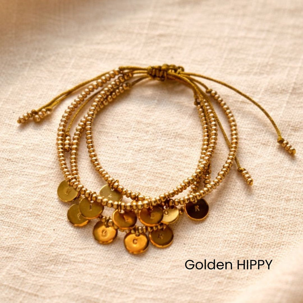 Bracelet perles dorées & médaille gravée - Golden HIPPY