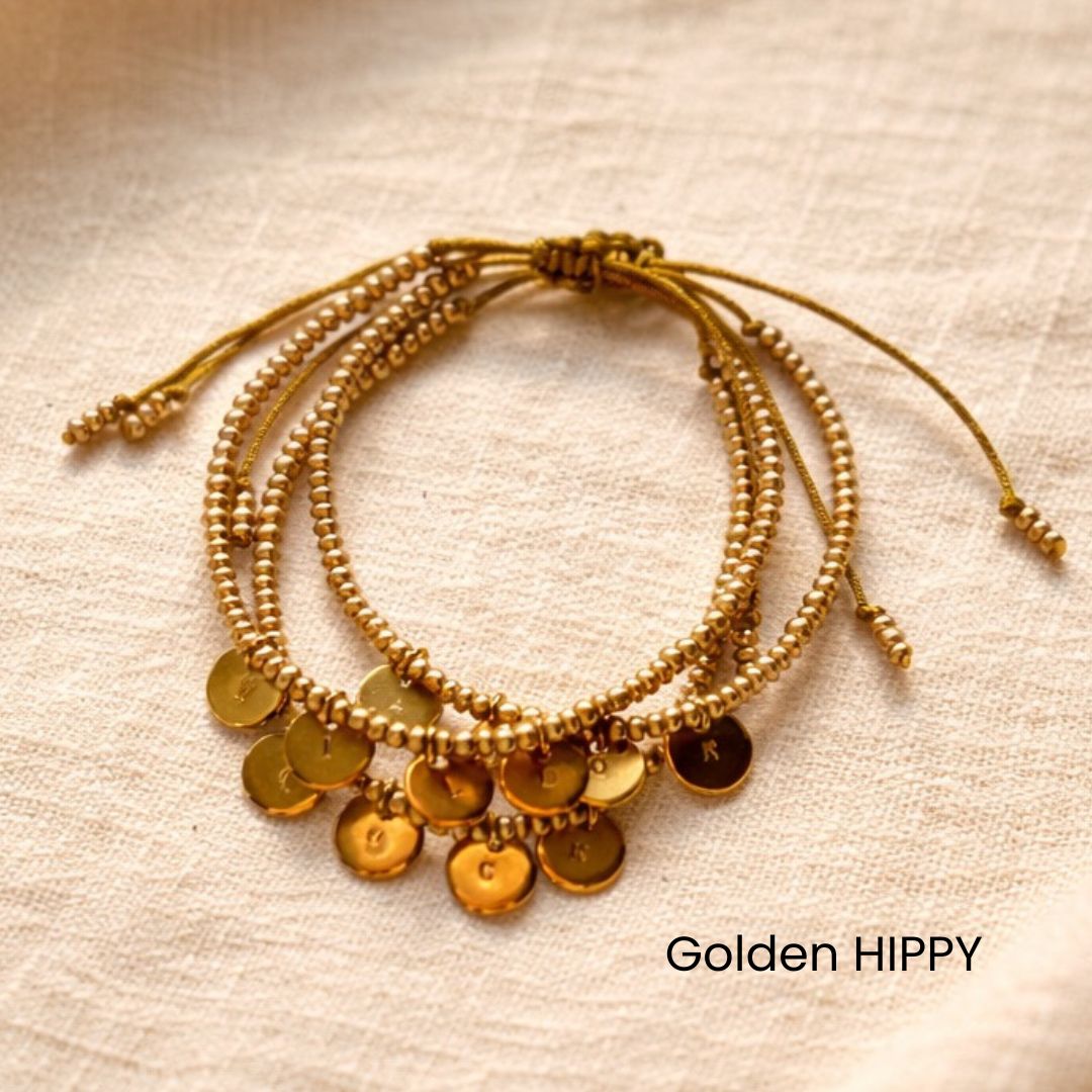 Bracelet perles dorées & médaille gravée - Golden HIPPY