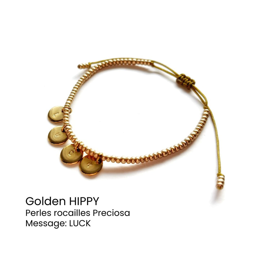 Bracelet perles dorées & médaille gravée - Golden HIPPY