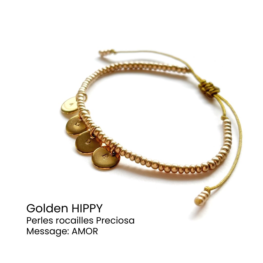 Bracelet perles dorées & médaille gravée - Golden HIPPY