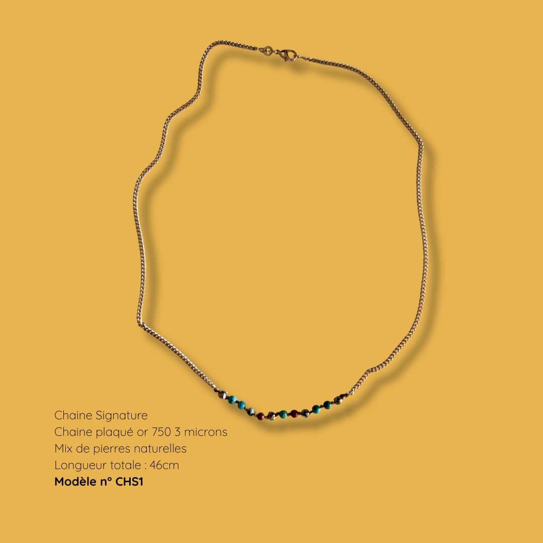 Collier Chaîne Signature modèle CHS1, plaqué or 750, pierres naturelles, longueur 46 cm