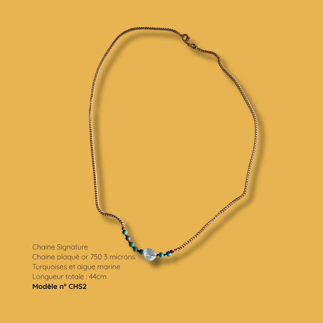 Collier Chaîne Signature modèle CHS2, plaqué or 750, turquoises et aigue-marine, longueur 44 cm