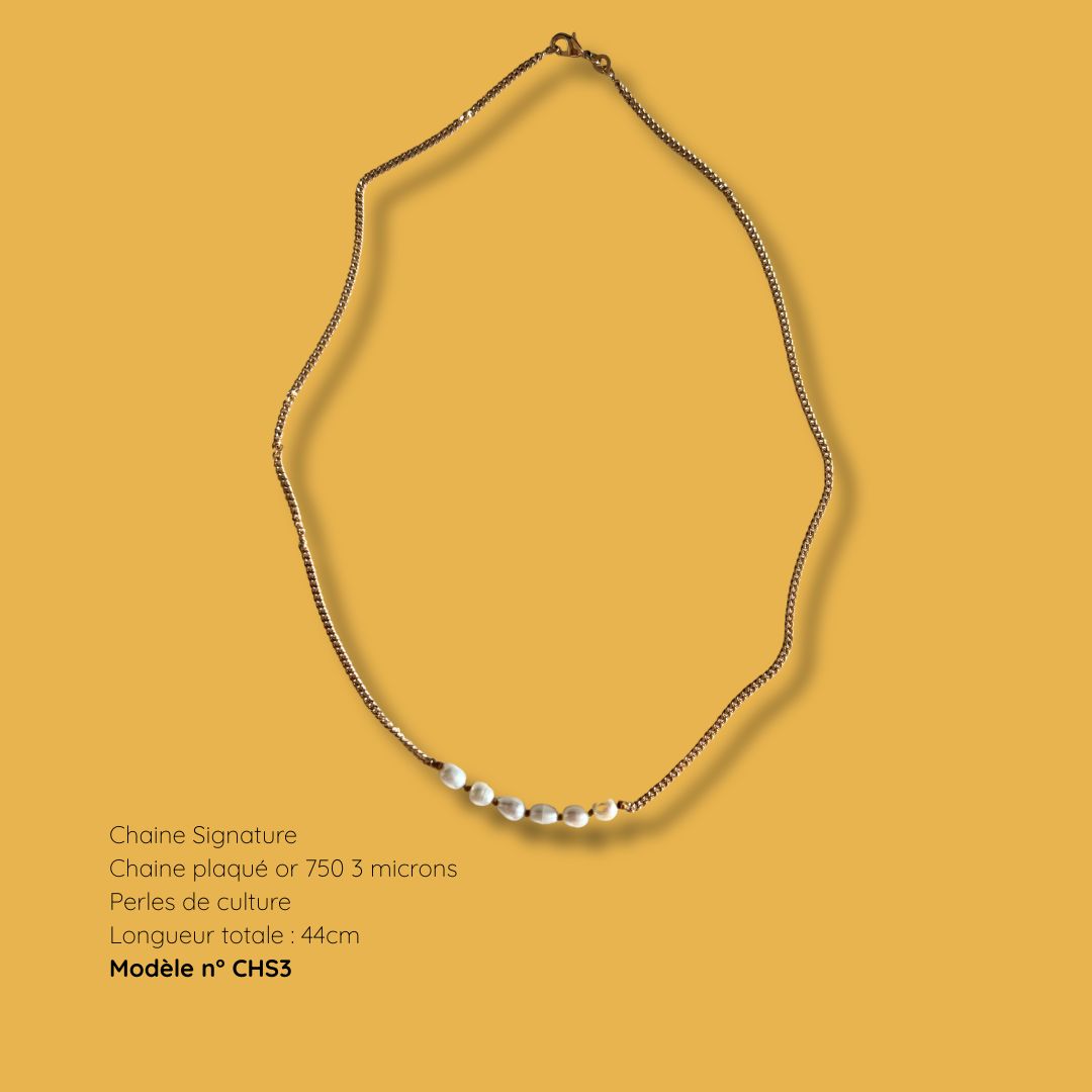 Collier Chaîne Signature modèle CHS3, plaqué or 750, perles de culture, longueur 44 cm