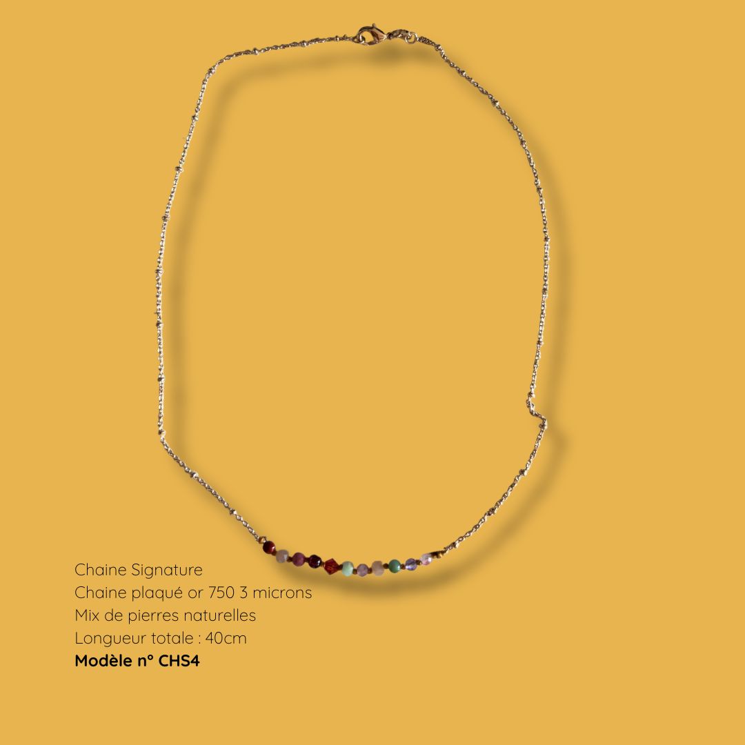 Collier Chaîne Signature modèle CHS4, plaqué or 750, mix de pierres naturelles, longueur 40 cm