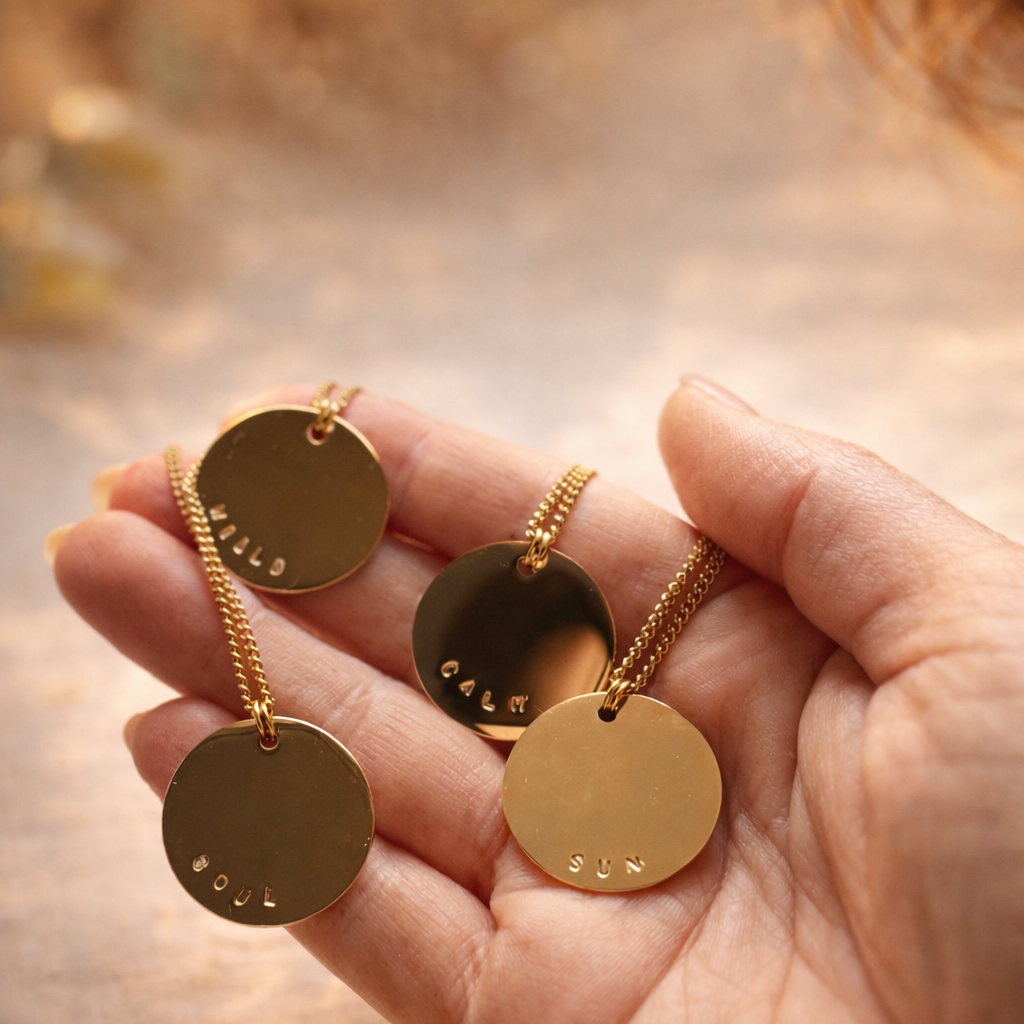 ensemble de médailles gravées avec des  mots inspirants