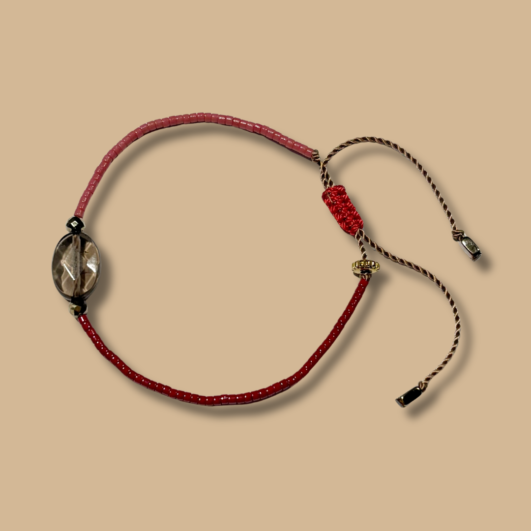 Bracelet HIPPY rose et bordeau avec Quartz fumé